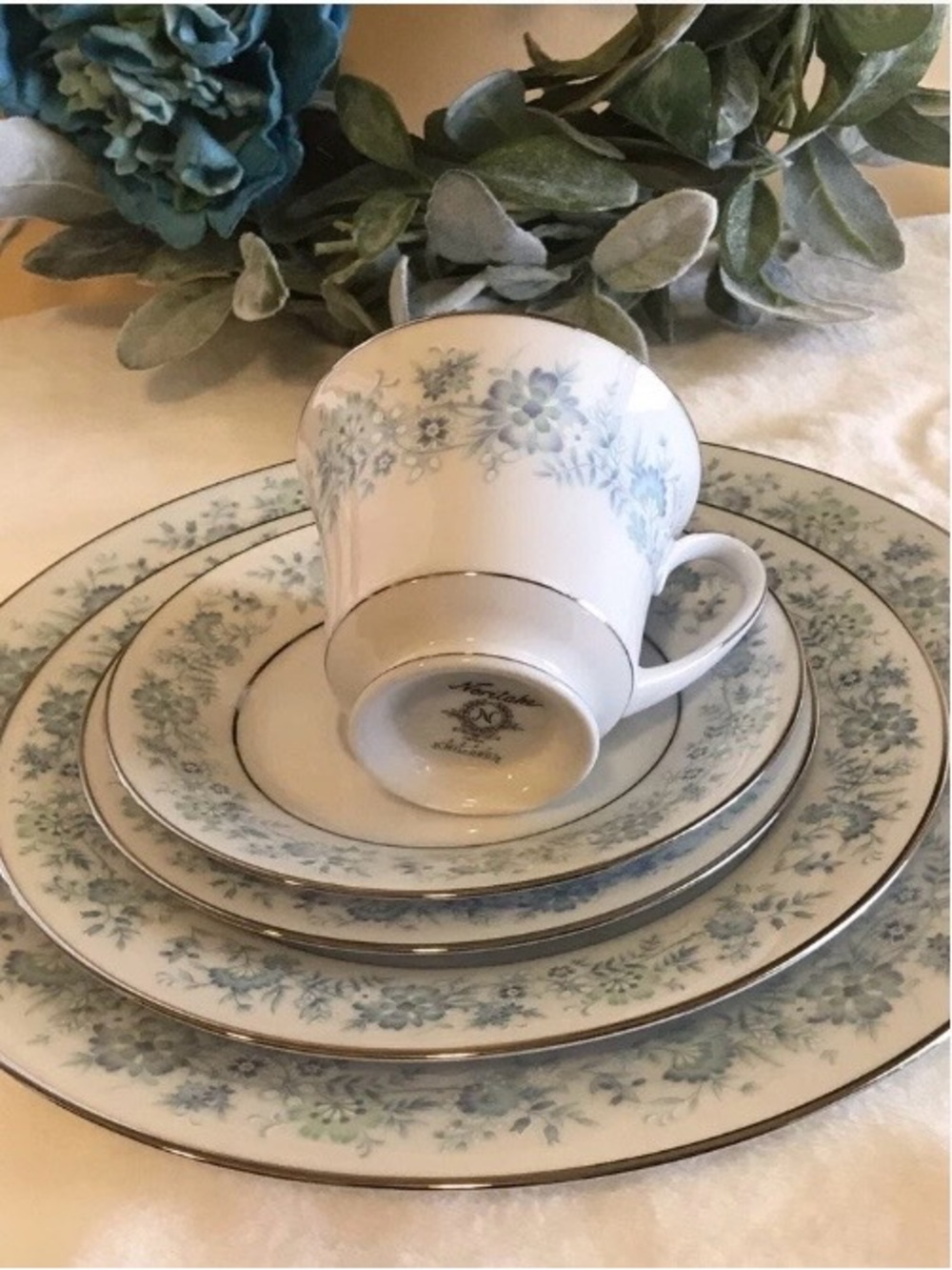 Noritake Pale Blue Floral Porcelain Cup and Plate Set with Silver Trim